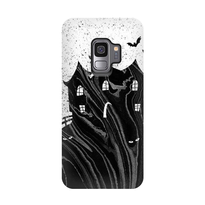 Galaxy S9 StrongFit Halloween haunted house - black and white splatter and brushstrokes by Oana 