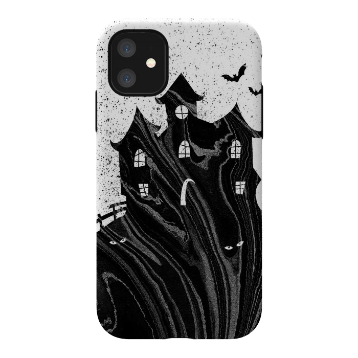 iPhone 11 StrongFit Halloween haunted house - black and white splatter and brushstrokes by Oana 