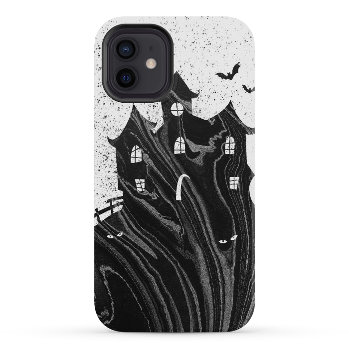 iPhone 12 mini StrongFit Halloween haunted house - black and white splatter and brushstrokes by Oana 