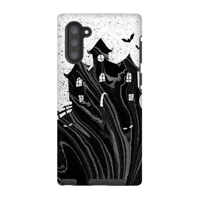 Galaxy Note 10 StrongFit Halloween haunted house - black and white splatter and brushstrokes by Oana 