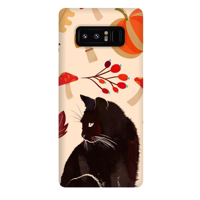 Galaxy Note 8 StrongFit Black cat and autumn woodland pattern - leaves, mushroom, pumpkin by Oana 