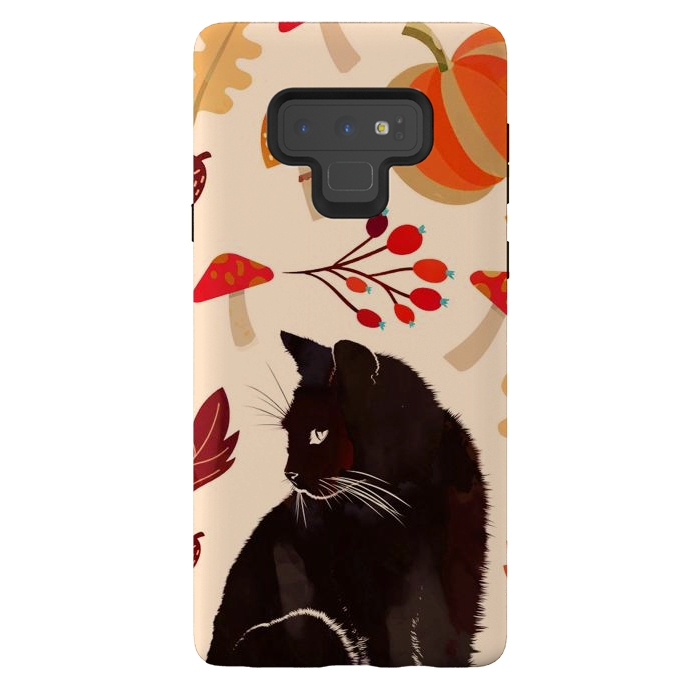 Galaxy Note 9 StrongFit Black cat and autumn woodland pattern - leaves, mushroom, pumpkin by Oana 