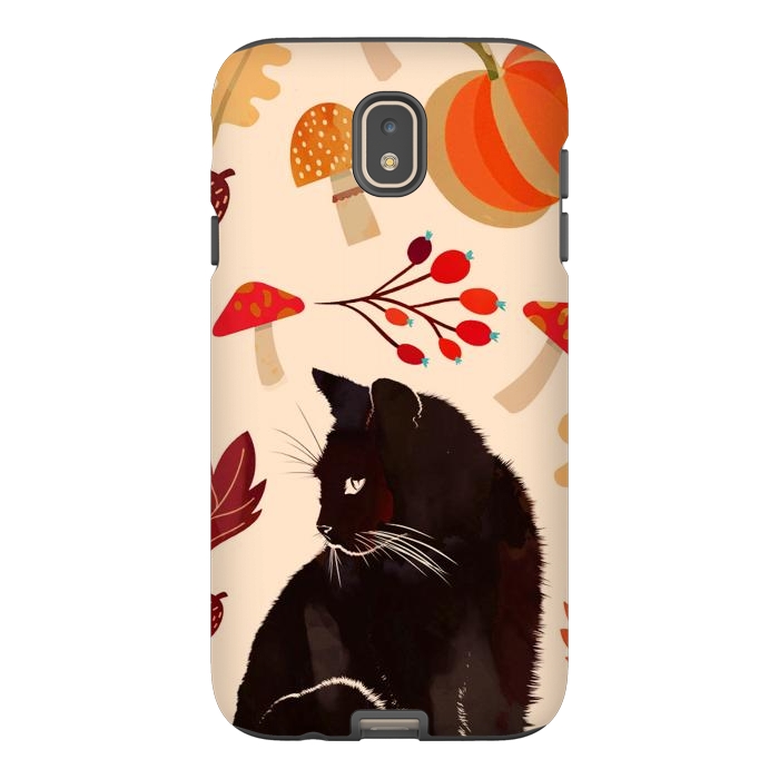 Galaxy J7 StrongFit Black cat and autumn woodland pattern - leaves, mushroom, pumpkin by Oana 