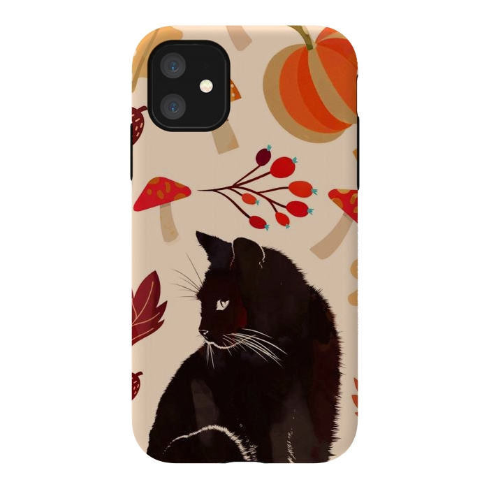 iPhone 11 StrongFit Black cat and autumn woodland pattern - leaves, mushroom, pumpkin by Oana 