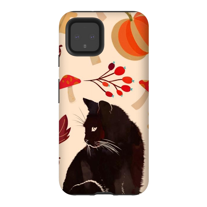 Pixel 4 StrongFit Black cat and autumn woodland pattern - leaves, mushroom, pumpkin by Oana 
