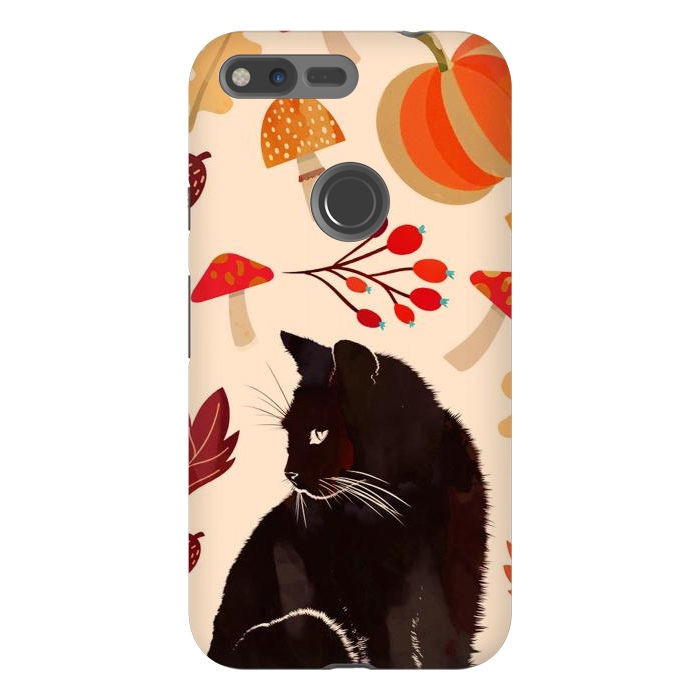 Pixel XL StrongFit Black cat and autumn woodland pattern - leaves, mushroom, pumpkin by Oana 