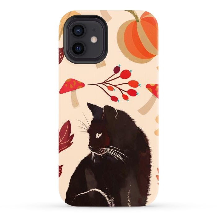 iPhone 12 StrongFit Black cat and autumn woodland pattern - leaves, mushroom, pumpkin by Oana 