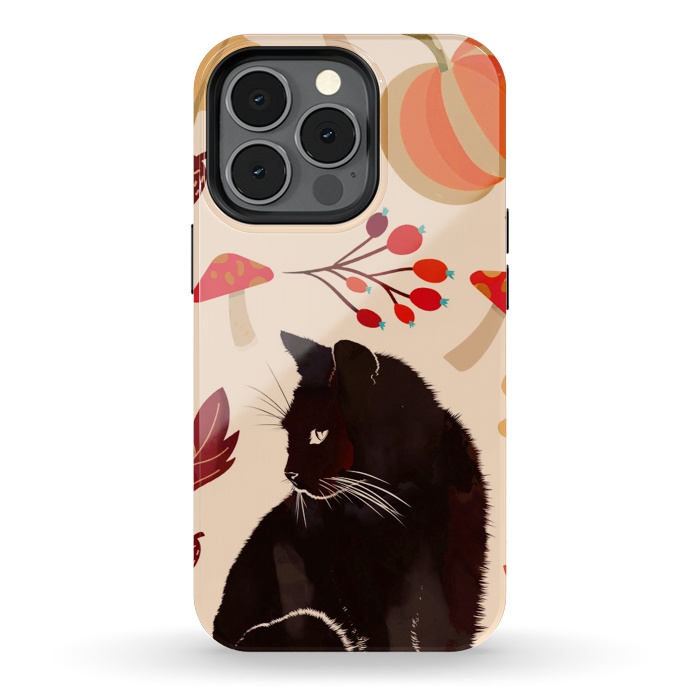 iPhone 13 pro StrongFit Black cat and autumn woodland pattern - leaves, mushroom, pumpkin by Oana 