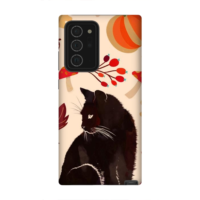 Galaxy Note 20 Ultra StrongFit Black cat and autumn woodland pattern - leaves, mushroom, pumpkin by Oana 
