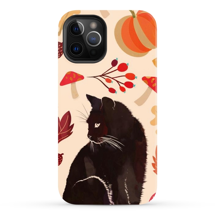 iPhone 12 Pro Max StrongFit Black cat and autumn woodland pattern - leaves, mushroom, pumpkin by Oana 