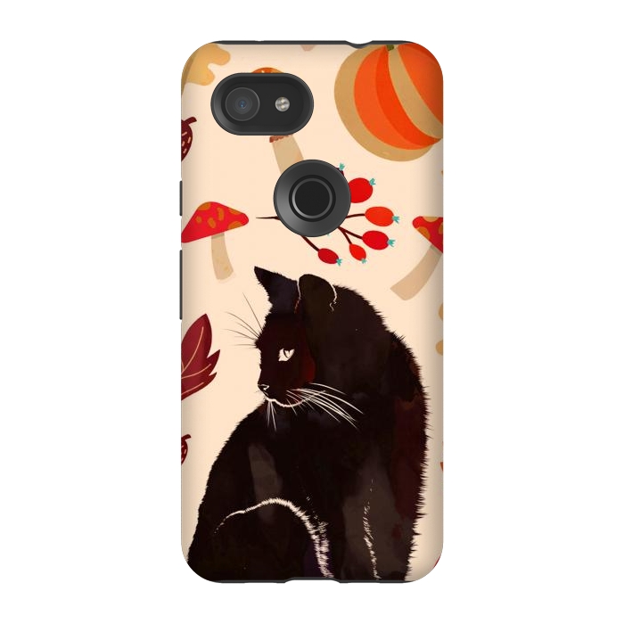 Pixel 3A StrongFit Black cat and autumn woodland pattern - leaves, mushroom, pumpkin by Oana 