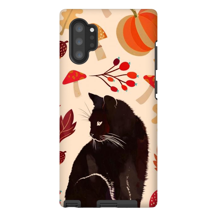 Galaxy Note 10 plus StrongFit Black cat and autumn woodland pattern - leaves, mushroom, pumpkin by Oana 