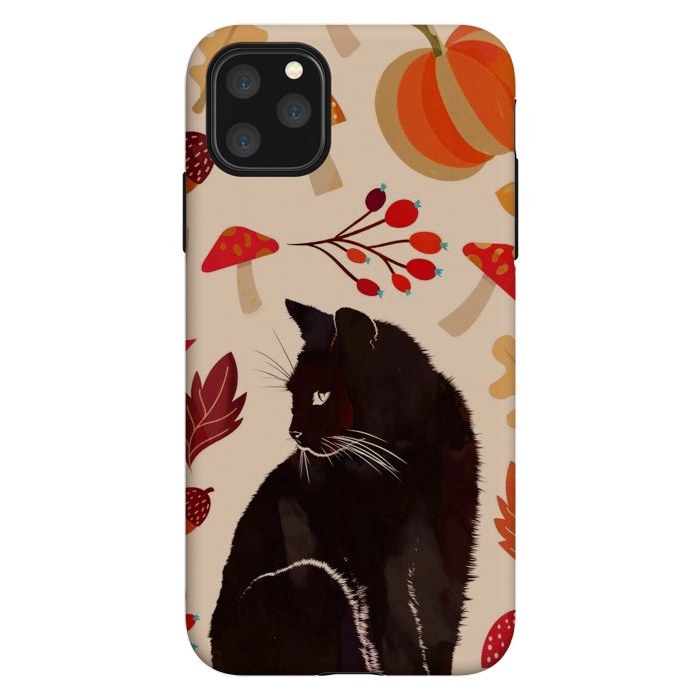 iPhone 11 Pro Max StrongFit Black cat and autumn woodland pattern - leaves, mushroom, pumpkin by Oana 