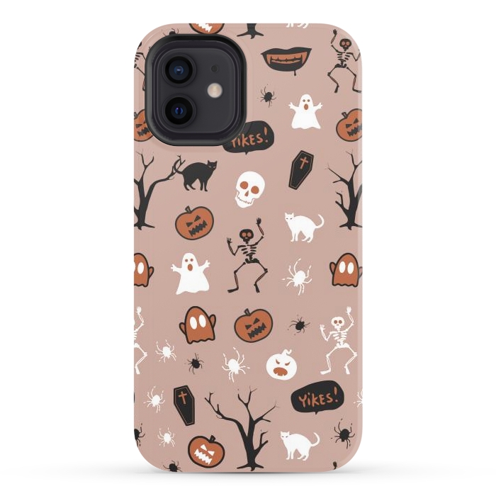 iPhone 12 StrongFit Halloween monsters pattern - skeletons, pumpkins, ghosts, cats, spiders by Oana 