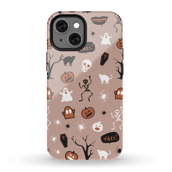 iPhone 13 mini StrongFit Halloween monsters pattern - skeletons, pumpkins, ghosts, cats, spiders by Oana 