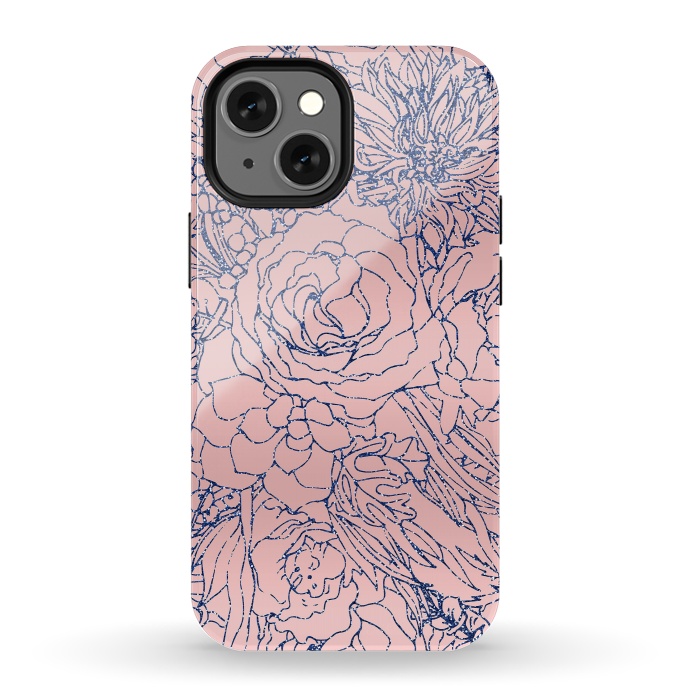 iPhone 13 mini StrongFit Stylish Metallic Navy Blue and Pink Floral Design by InovArts