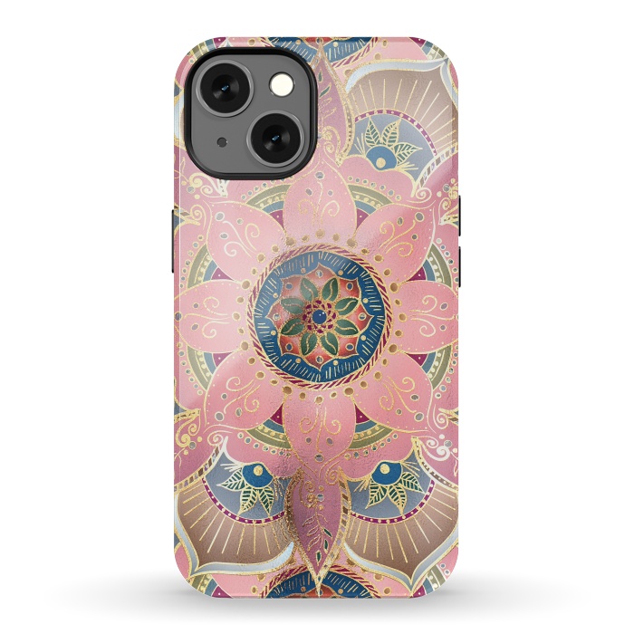 iPhone 13 StrongFit Trendy Metallic Gold and Pink Mandala Design by InovArts