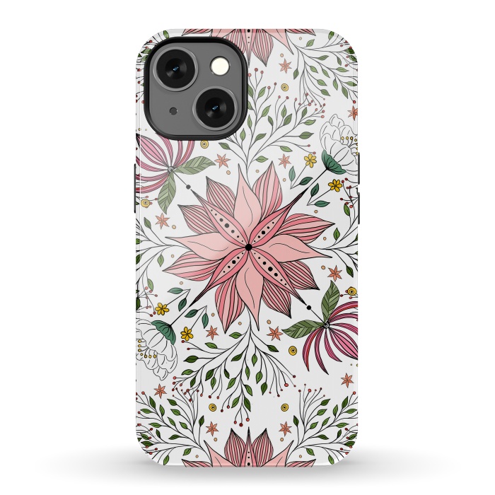 iPhone 13 StrongFit Cute Vintage Pink Floral Doodles Tile Art by InovArts