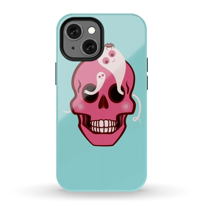 iPhone 13 mini StrongFit Cute Pink Skull With Spider And Ghosts In Eyes by Boriana Giormova