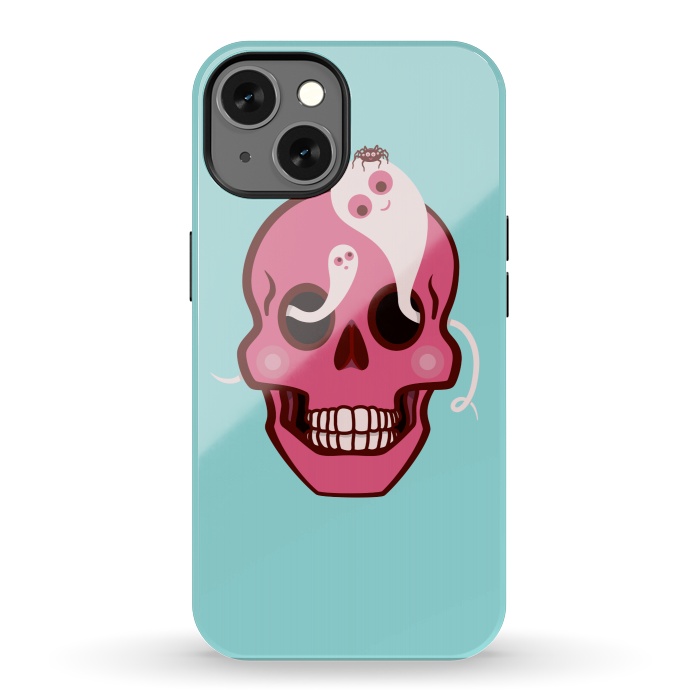 iPhone 13 StrongFit Cute Pink Skull With Spider And Ghosts In Eyes by Boriana Giormova