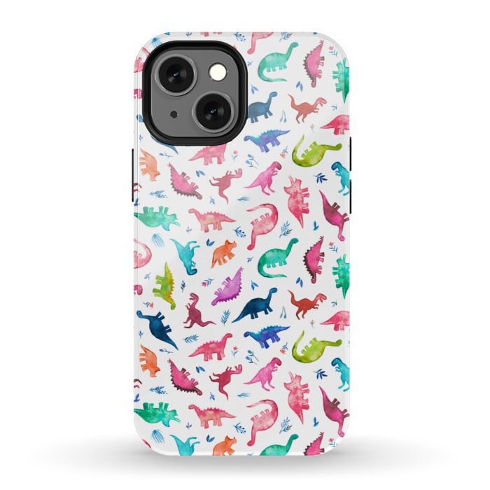 iPhone 13 mini StrongFit Tiny Ditsy Watercolor Dinosaurs in Rainbow Colors by Micklyn Le Feuvre