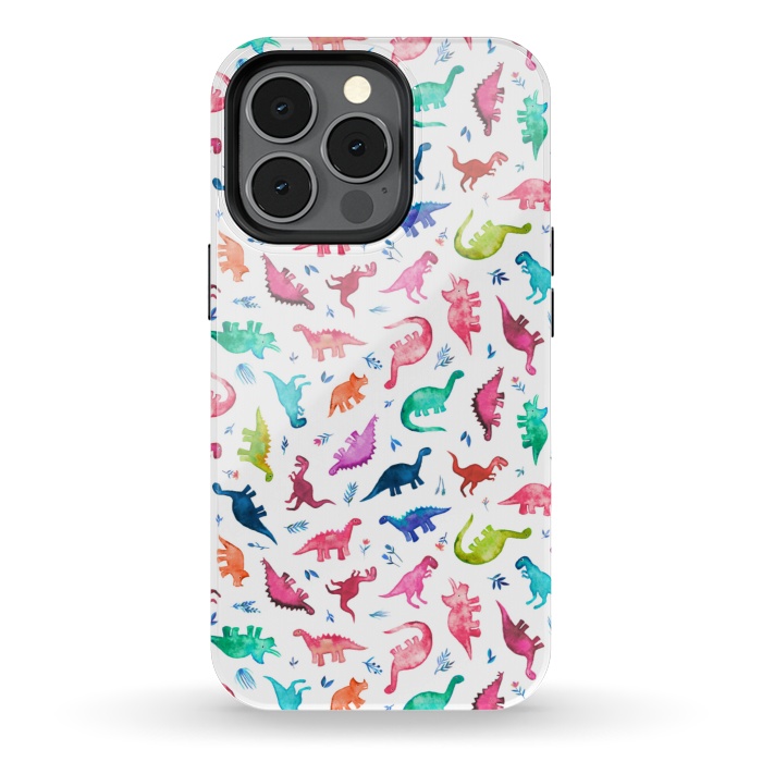 iPhone 13 pro StrongFit Tiny Ditsy Watercolor Dinosaurs in Rainbow Colors by Micklyn Le Feuvre