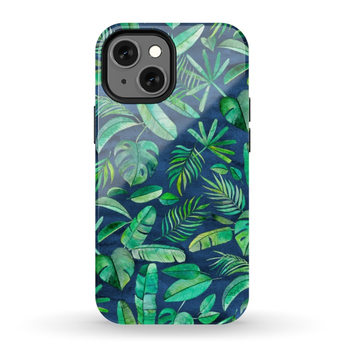 iPhone 13 mini StrongFit Emerald Tropical Leaf Scatter on textured Navy Blue by Micklyn Le Feuvre