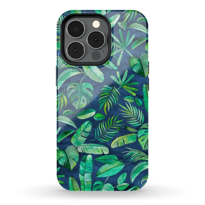 iPhone 13 pro StrongFit Emerald Tropical Leaf Scatter on textured Navy Blue by Micklyn Le Feuvre