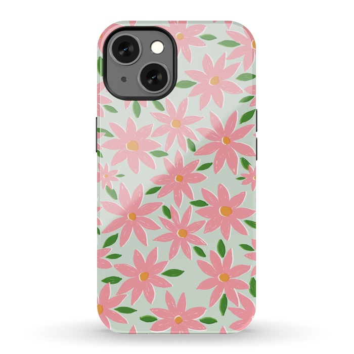 iPhone 13 StrongFit Pretty Hand Paint Pink Daisy Flowers Mint Design by InovArts