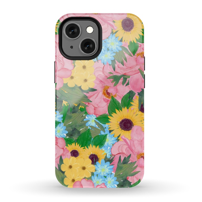 iPhone 13 mini StrongFit Trendy Pink Peonies Yellow Sunflowers Watercolor paint by InovArts