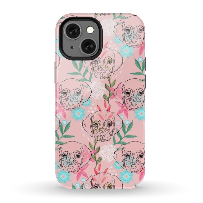 iPhone 13 mini StrongFit Cute Puppy Dog and Flowers Pink Creative Art by InovArts