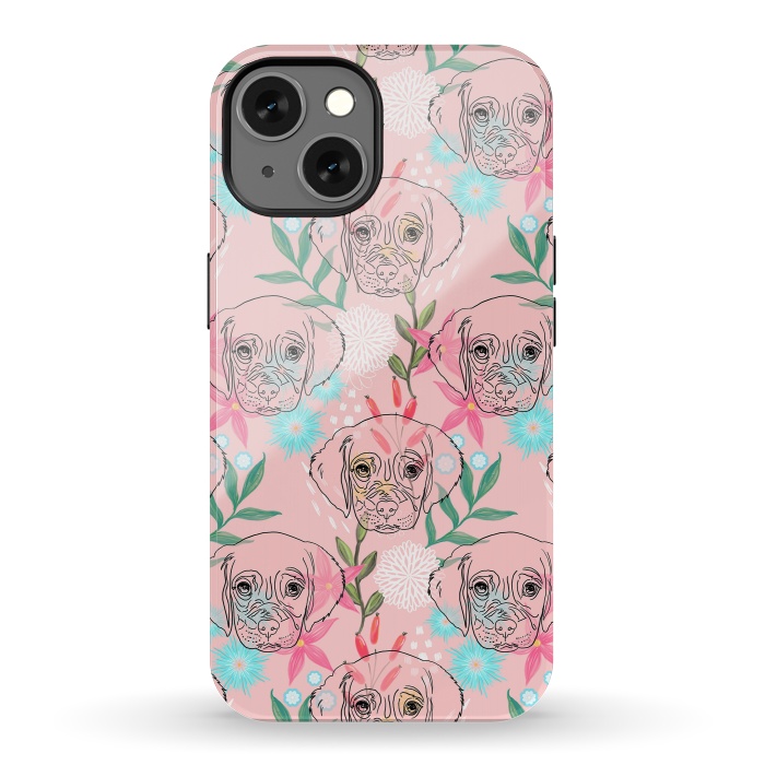 iPhone 13 StrongFit Cute Puppy Dog and Flowers Pink Creative Art by InovArts