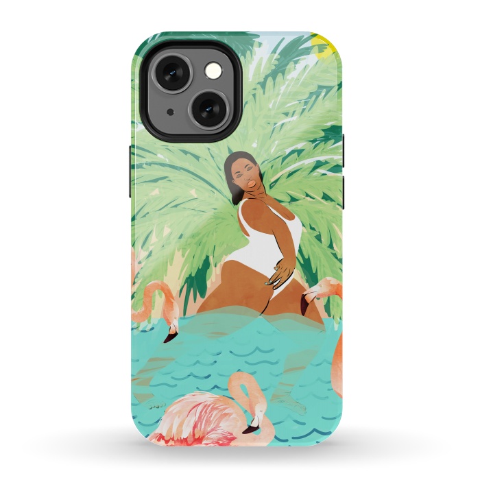 iPhone 13 mini StrongFit Tropical Summer Water Yoga with Palm & Flamingos | Woman of Color Black Woman Body Positivity by Uma Prabhakar Gokhale
