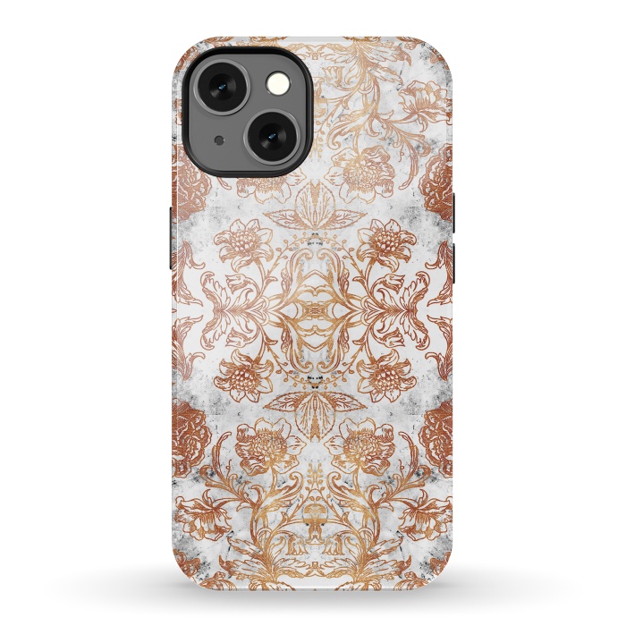 iPhone 13 StrongFit Elegant golden line art flowers on white marble by Oana 