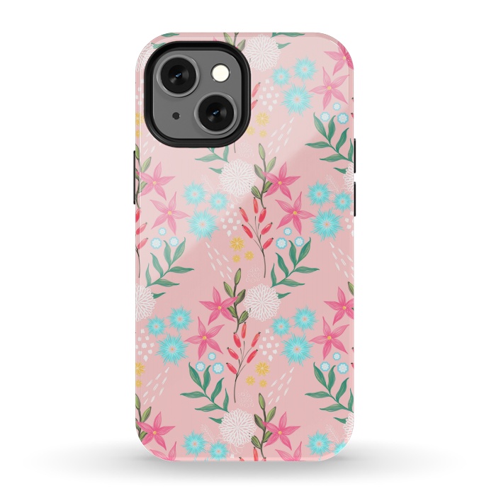 iPhone 13 mini StrongFit Cute Pink Flowers Creative Art Pattern by InovArts