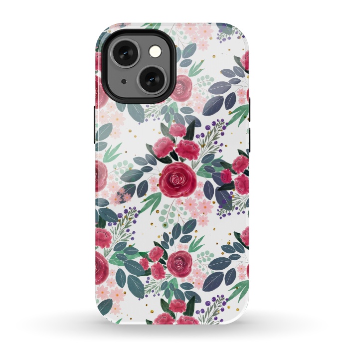 iPhone 13 mini StrongFit Cute Rose Pink Peonies Watercolor Paint Gold Dots Design by InovArts