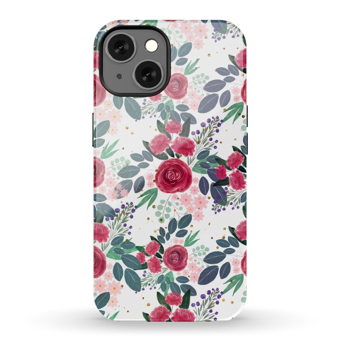 iPhone 13 StrongFit Cute Rose Pink Peonies Watercolor Paint Gold Dots Design by InovArts
