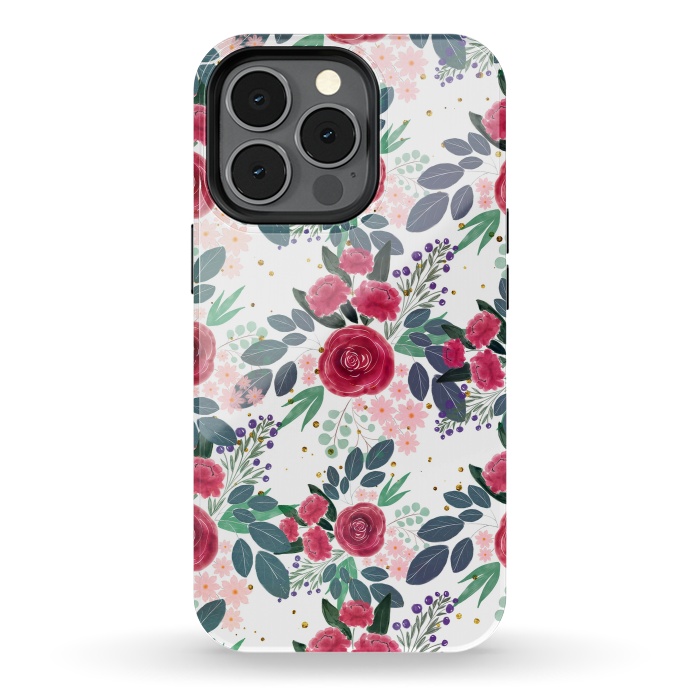 iPhone 13 pro StrongFit Cute Rose Pink Peonies Watercolor Paint Gold Dots Design by InovArts