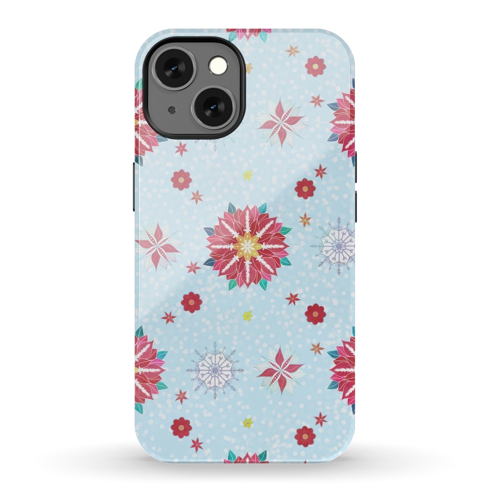 iPhone 13 StrongFit Trendy Winter Red Poinsettias White Snowflakes Pattern by InovArts