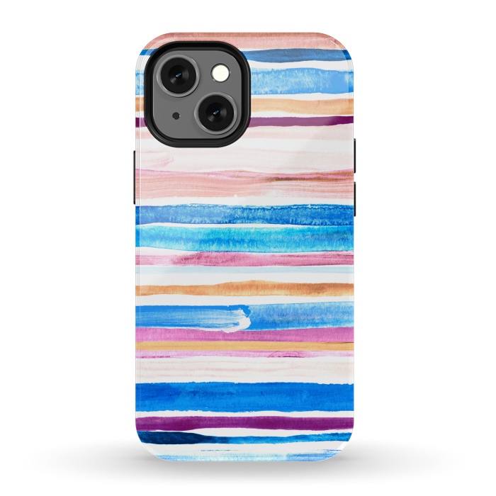 iPhone 13 mini StrongFit Pastel Pink, Plum and Cobalt Blue Gouache Stripes by Micklyn Le Feuvre