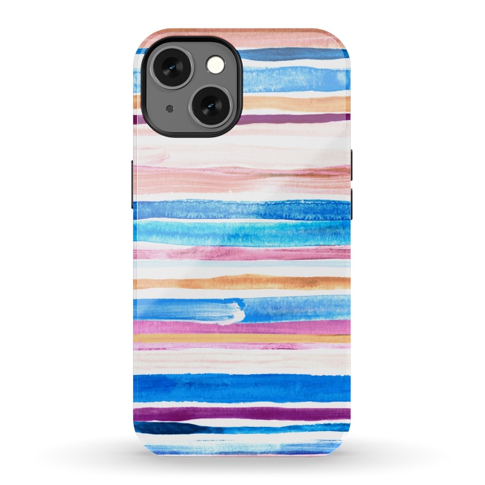 iPhone 13 StrongFit Pastel Pink, Plum and Cobalt Blue Gouache Stripes by Micklyn Le Feuvre