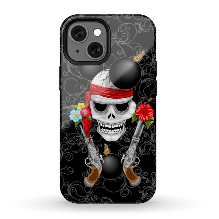 iPhone 13 mini StrongFit Pirate Skull, Ancient Guns, Flowers and Cannonballs by BluedarkArt