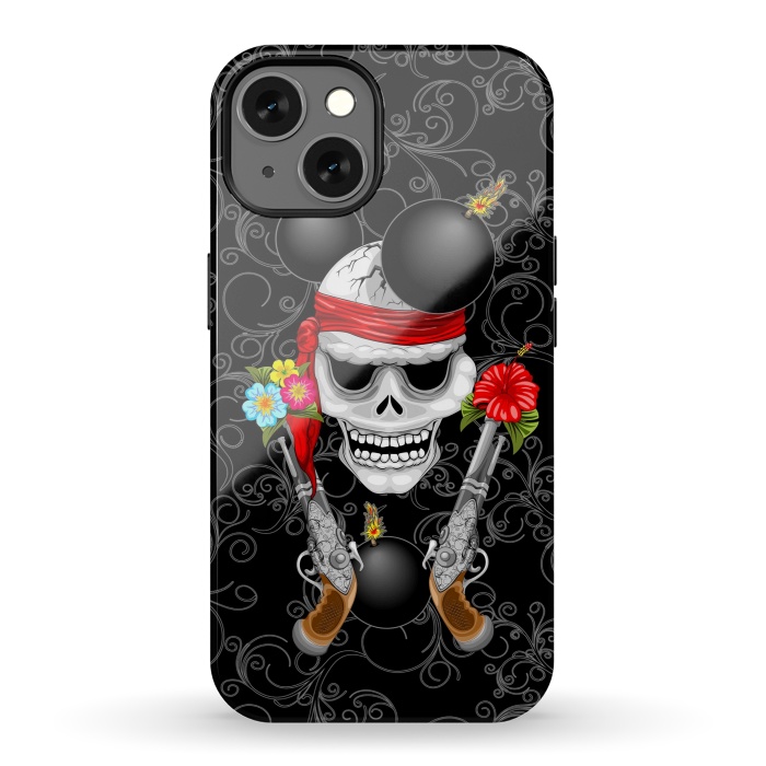 iPhone 13 StrongFit Pirate Skull, Ancient Guns, Flowers and Cannonballs by BluedarkArt