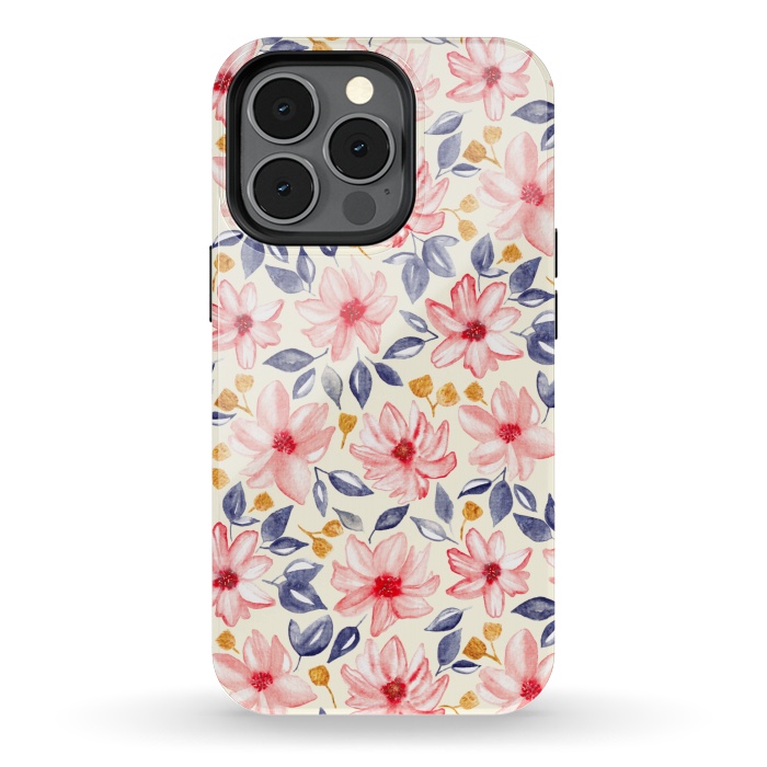 iPhone 13 pro StrongFit Navy, Gold & Pink Watercolor Floral - Cream  by Tigatiga