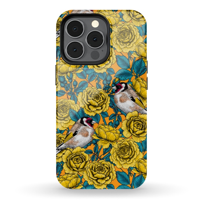 iPhone 13 pro StrongFit Rose flowers and goldfinch birds by Katerina Kirilova