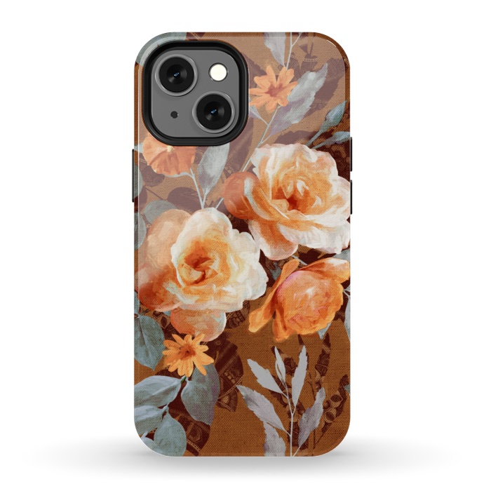 iPhone 13 mini StrongFit Chintz Roses on Rust Brown by Micklyn Le Feuvre