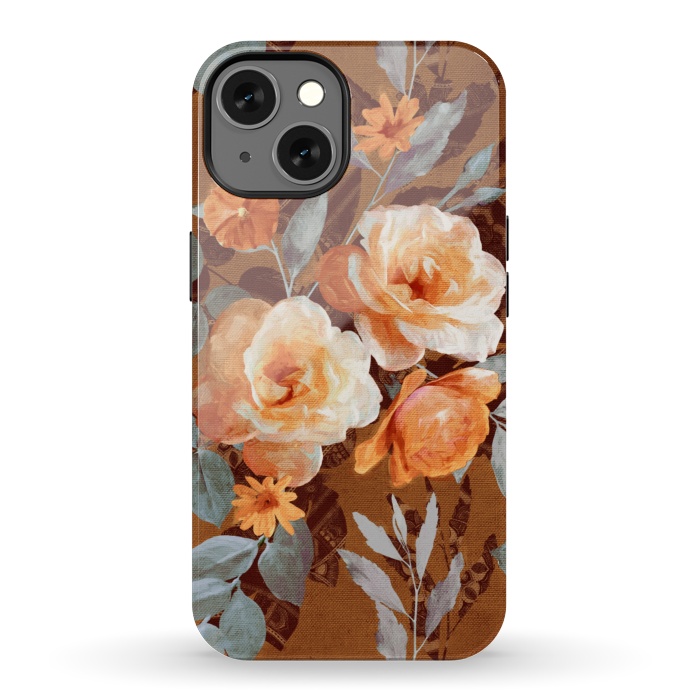 iPhone 13 StrongFit Chintz Roses on Rust Brown by Micklyn Le Feuvre