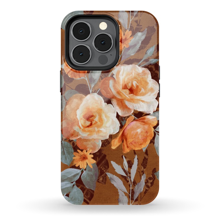 iPhone 13 pro StrongFit Chintz Roses on Rust Brown by Micklyn Le Feuvre