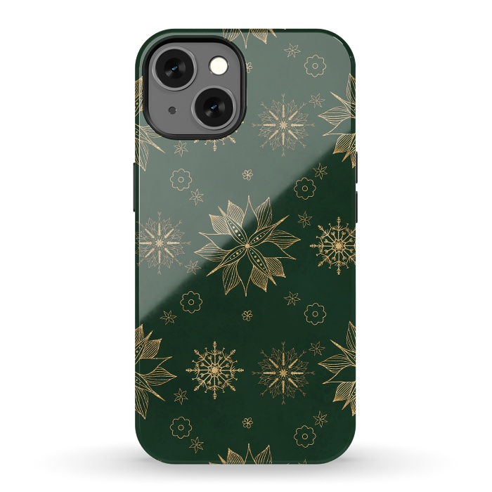iPhone 13 StrongFit Elegant Gold Green Poinsettias Snowflakes Winter Design by InovArts