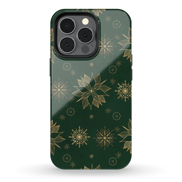 iPhone 13 pro StrongFit Elegant Gold Green Poinsettias Snowflakes Winter Design by InovArts